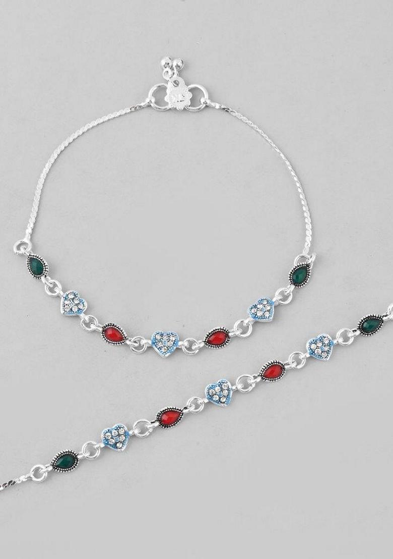 Silver Plated Heart Shaped Stone Studded Anklet (Set Of 2)
