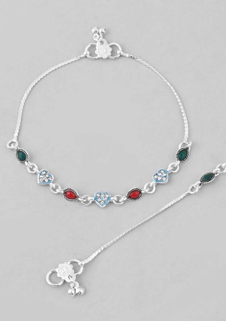 Silver Plated Heart Shaped Stone Studded Anklet (Set Of 2) - Indya