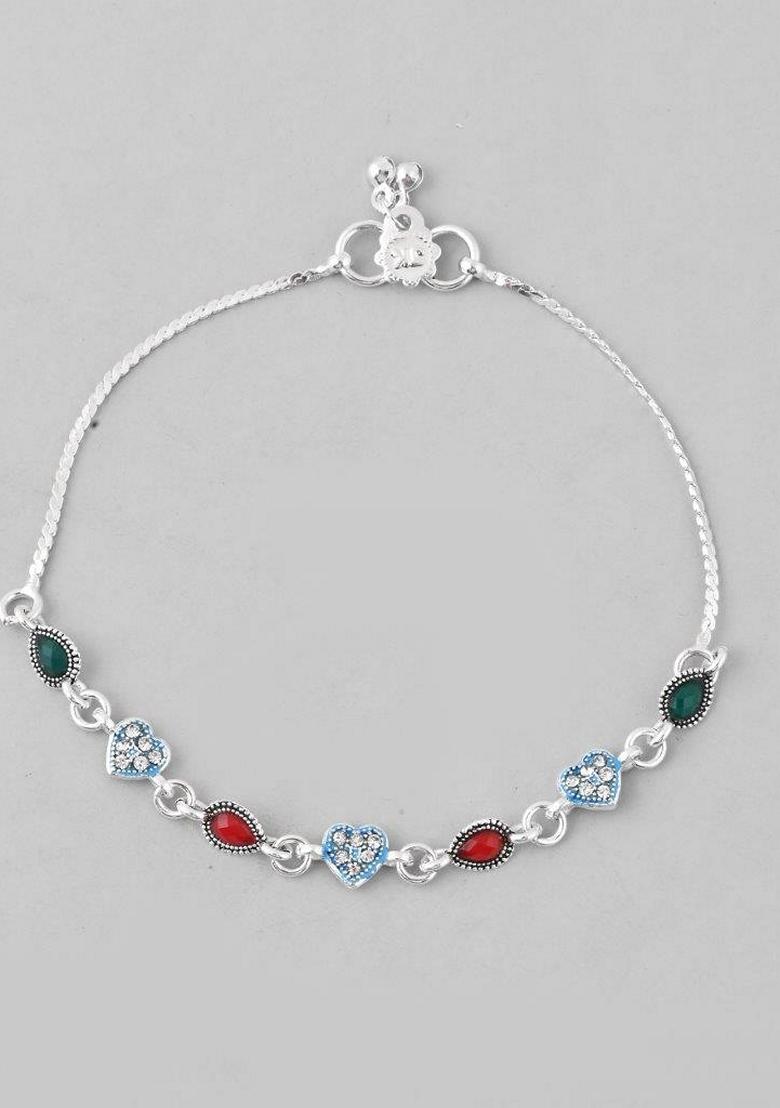 Silver Plated Heart Shaped Stone Studded Anklet (Set Of 2)