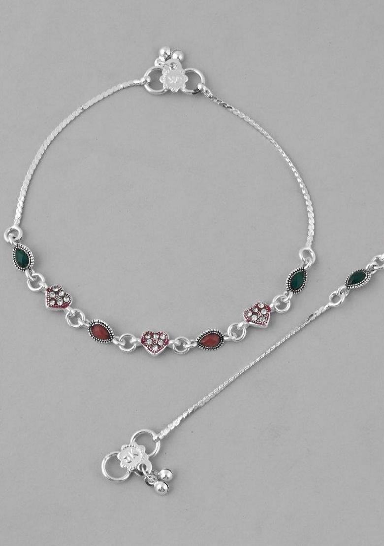 Silver Plated Heart Shaped Anklet (Set Of 2)