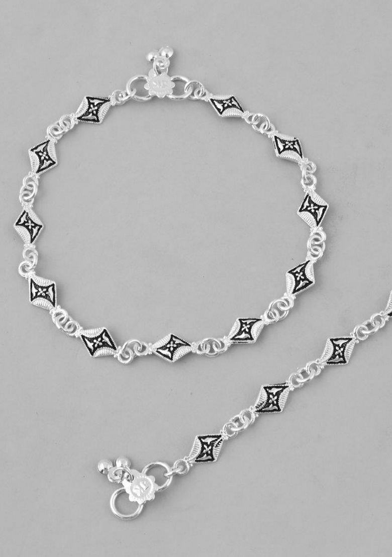 Silver Plated Designer Stainless Steel Anklet (Set Of 2)