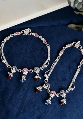 Silver Plated Peacock Shaped Anklet (Set Of 2)