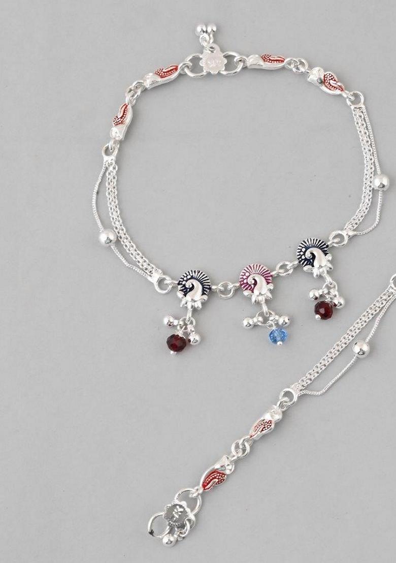 Silver Plated Peacock Shaped Anklet (Set Of 2)