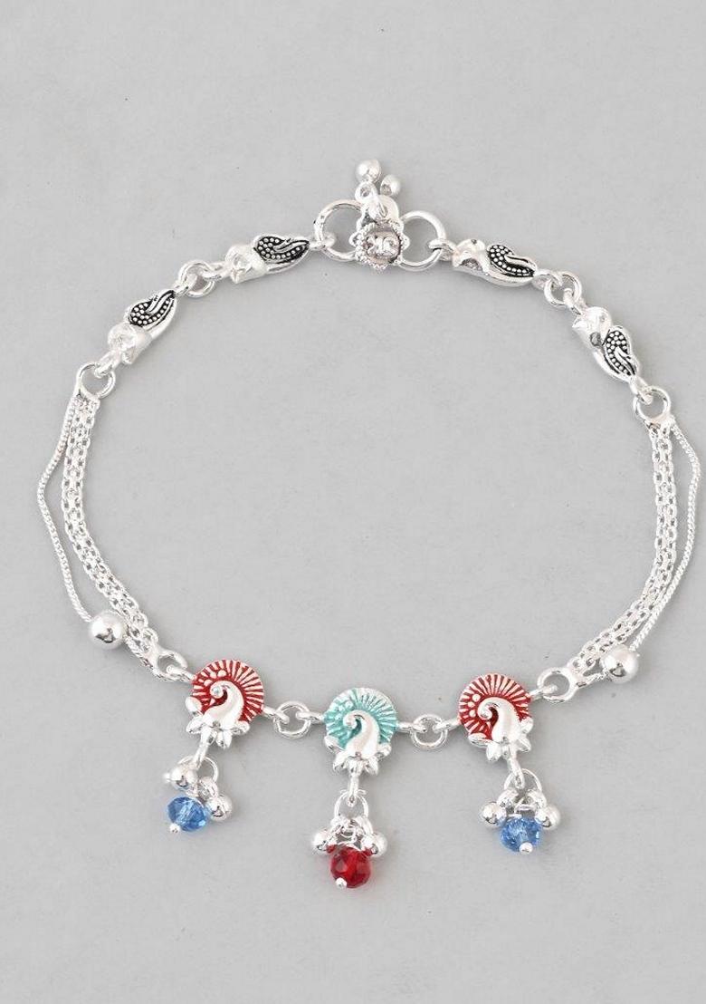 Silver Plated Peacock Shaped Anklet (Set Of 2)