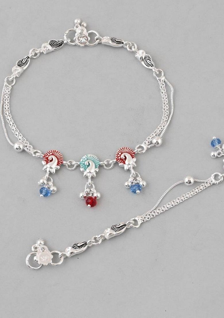Silver Plated Peacock Shaped Anklet (Set Of 2)