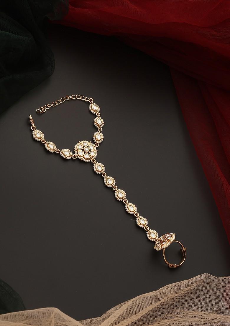 Gold Tone Polki Hathphool Bracelet - Indya