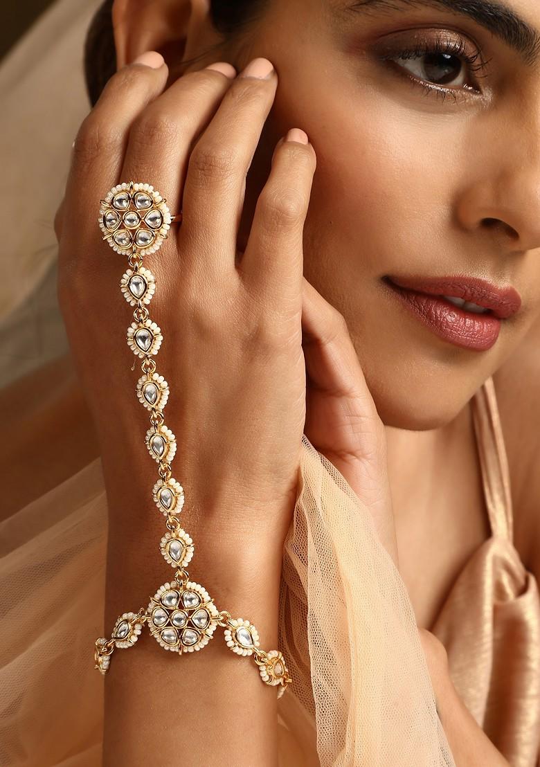 Gold Tone Polki Hathphool Bracelet - Indya