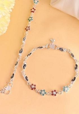 Silver Stone Studded Mutli Color Flower Shaped Anklet (Set Of 2)