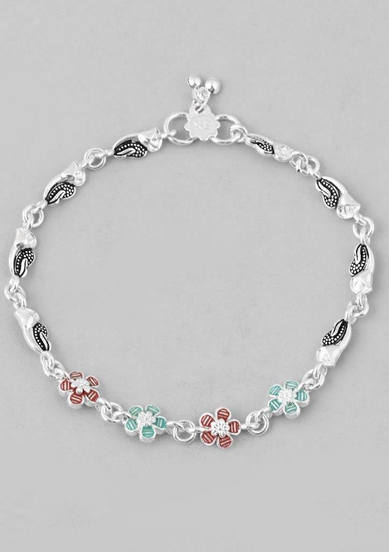 Silver Stone Studded Mutli Color Flower Shaped Anklet (Set Of 2)