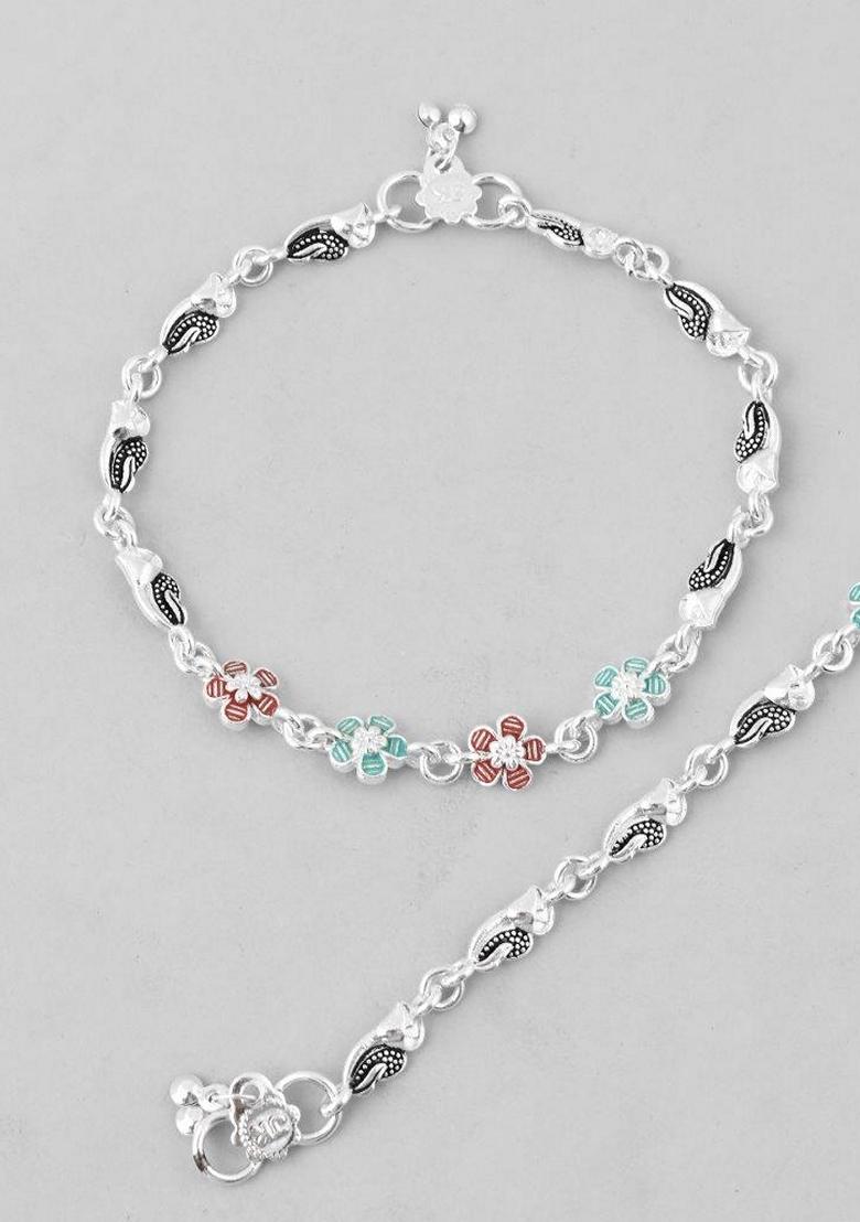 Silver Stone Studded Mutli Color Flower Shaped Anklet (Set Of 2)