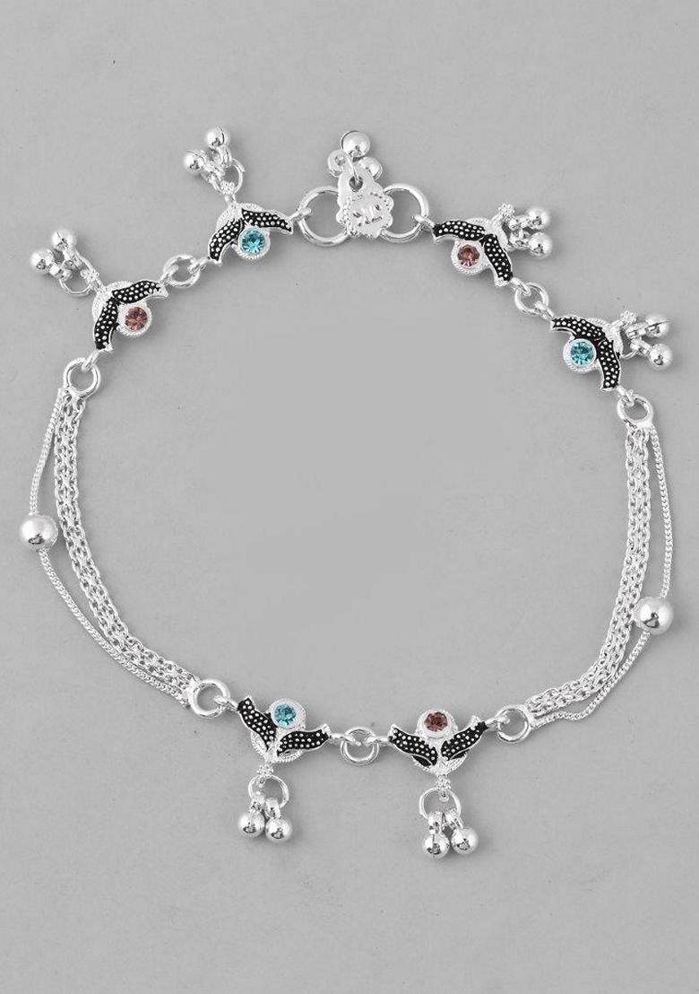 Silver Designer Mutli Color Stone Studded Anklet (Set Of 2)