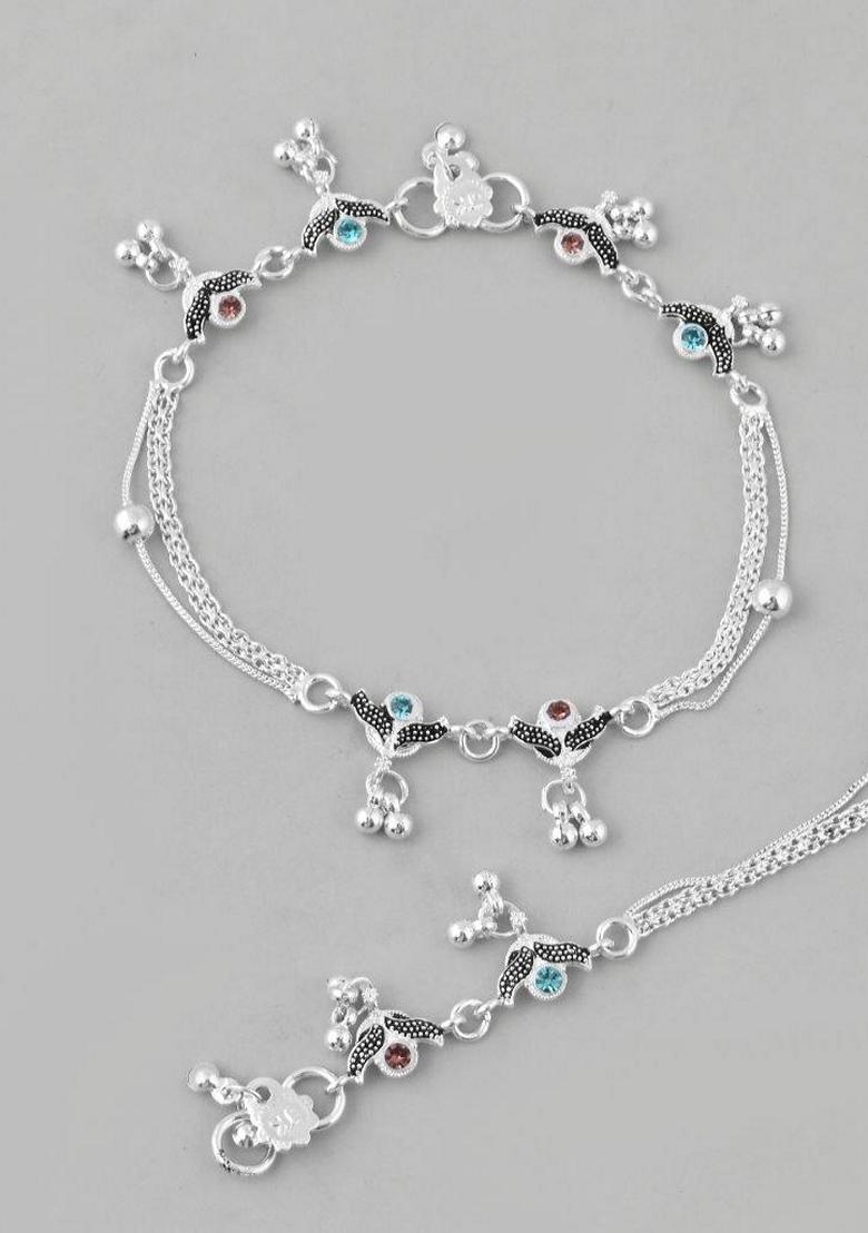 Silver Designer Mutli Color Stone Studded Anklet (Set Of 2)