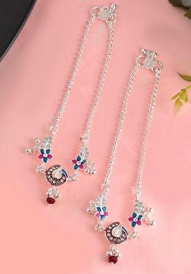 Silver Traditional Stone Studded Anklet (Set Of 2)