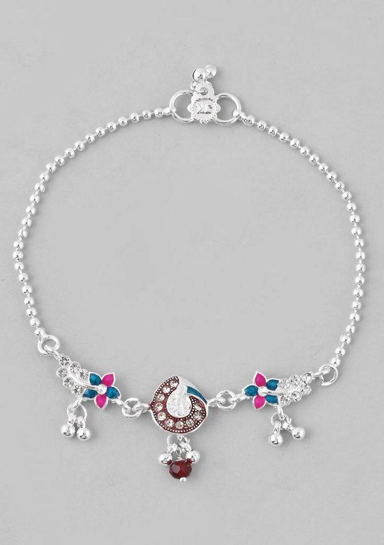 Silver Traditional Stone Studded Anklet (Set Of 2)