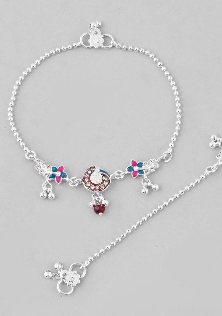 Silver Traditional Stone Studded Anklet (Set Of 2)