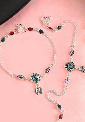 Silver Traditional Stone Studded Flower Shaped Anklet (Set Of 2)