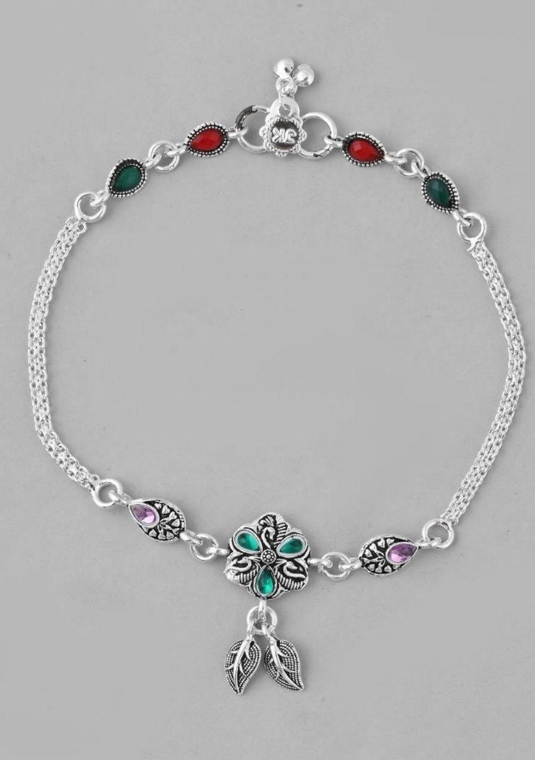 Silver Traditional Stone Studded Flower Shaped Anklet (Set Of 2)