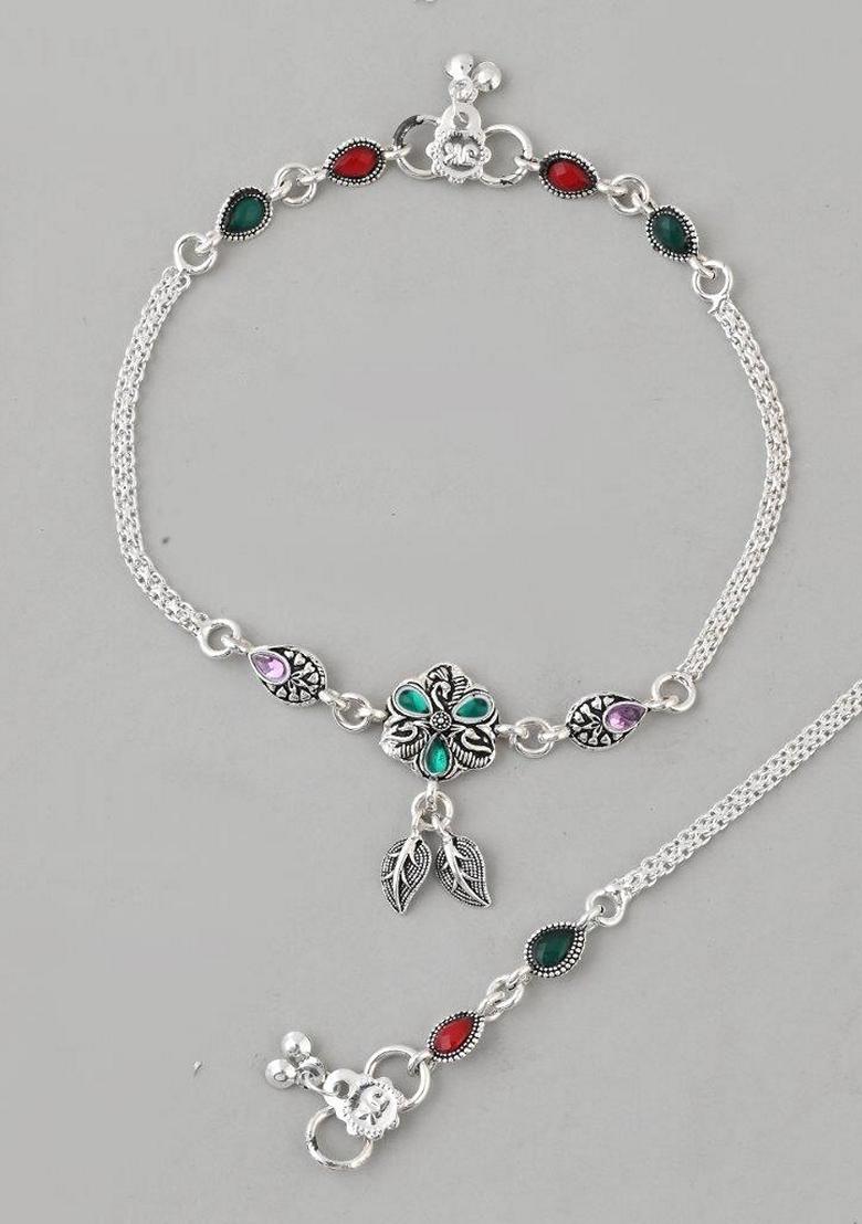 Silver Traditional Stone Studded Flower Shaped Anklet (Set Of 2)