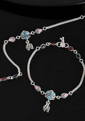 Silver Traditional Stone Studded Flower Shaped Anklet (Set Of 2)