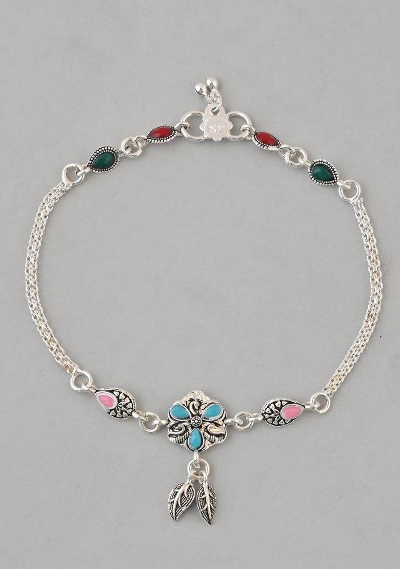 Silver Traditional Stone Studded Flower Shaped Anklet (Set Of 2)