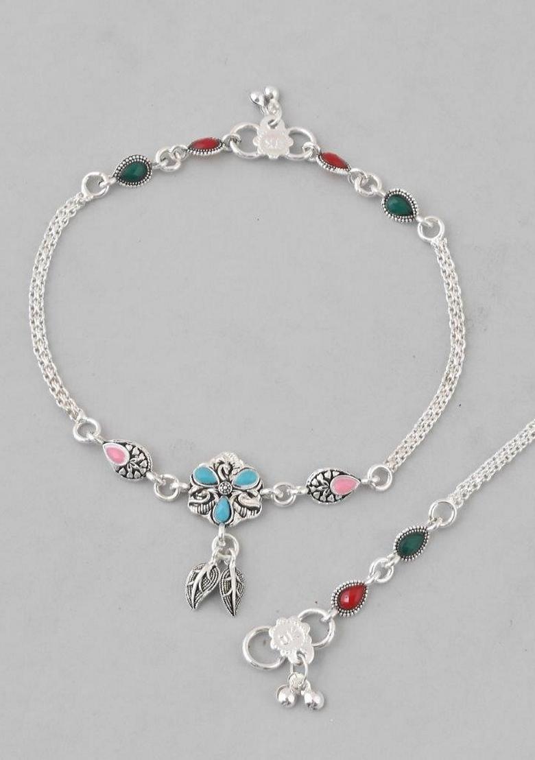 Silver Traditional Stone Studded Flower Shaped Anklet (Set Of 2)