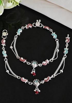 Silver Traditional Stone Studded Mutli Color Designer Anklet (Set Of 2)