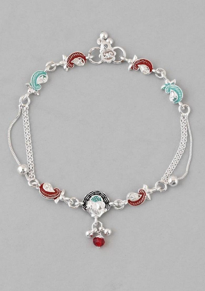 Silver Traditional Stone Studded Mutli Color Designer Anklet (Set Of 2)
