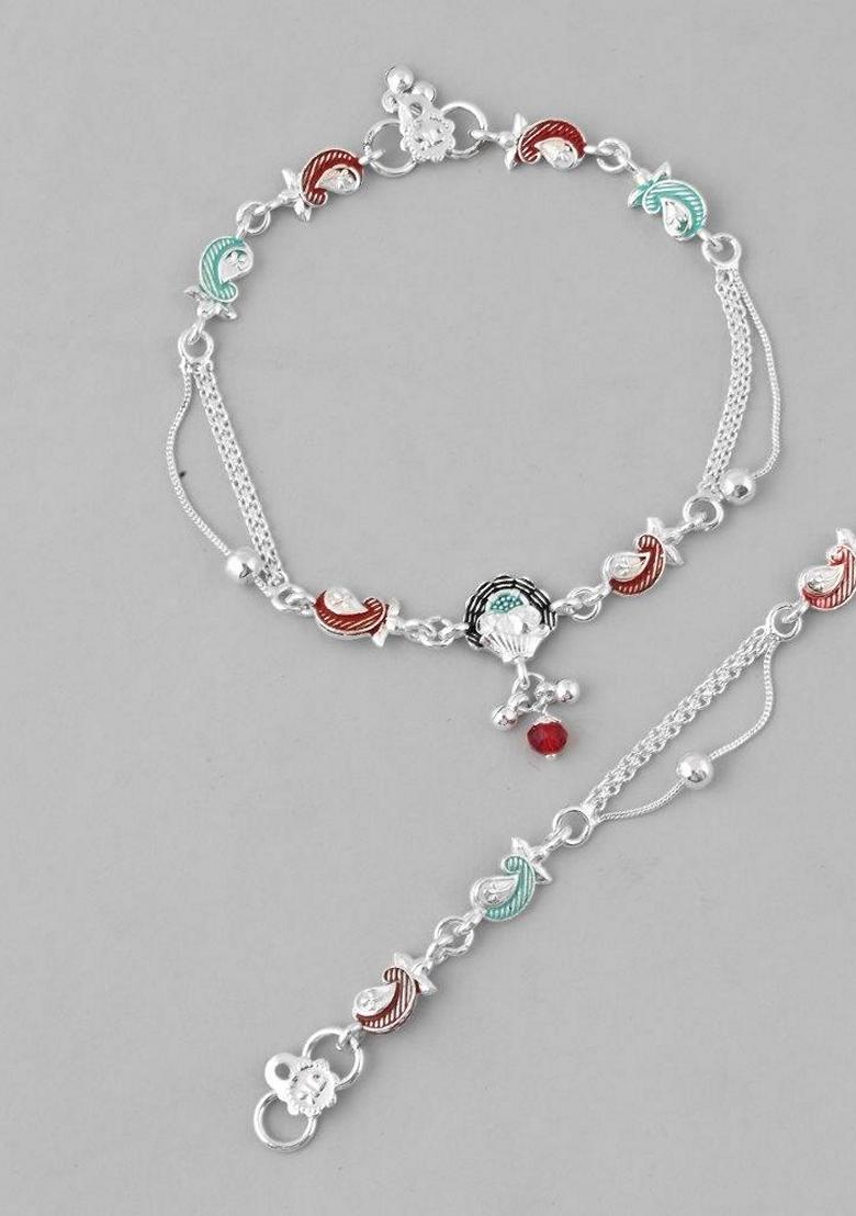 Silver Traditional Stone Studded Mutli Color Designer Anklet (Set Of 2)