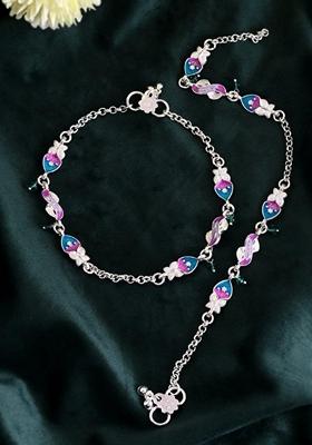 Silver Stone Studded Mutli Color Designer Anklet (Set Of 2)