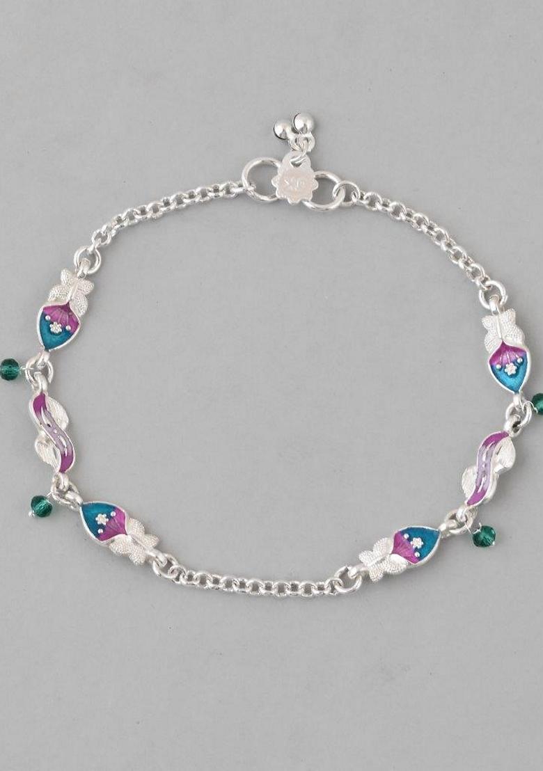 Silver Stone Studded Mutli Color Designer Anklet (Set Of 2)