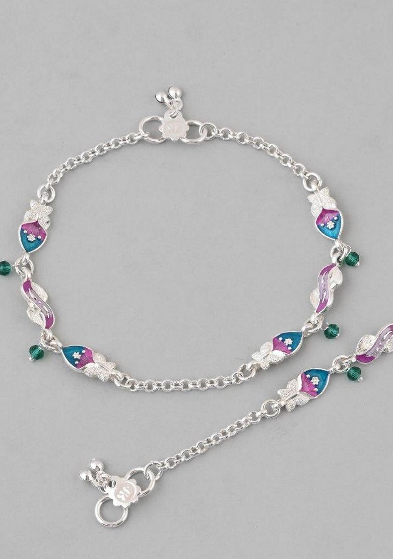 Silver Stone Studded Mutli Color Designer Anklet (Set Of 2)