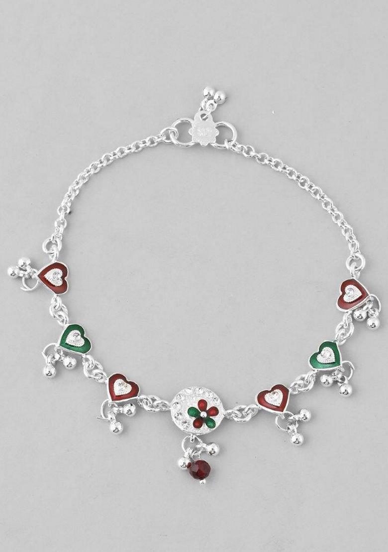 Silver Stone Studded Heart Shaped Traditional Anklet (Set Of 2)