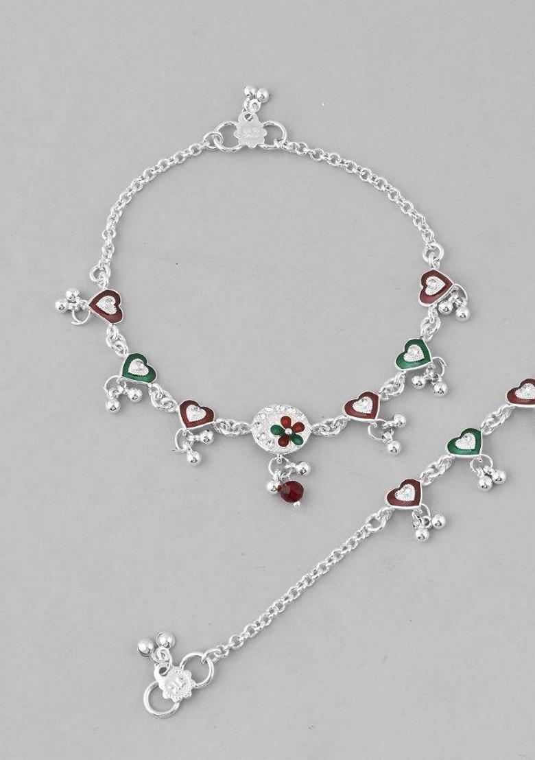 Silver Stone Studded Heart Shaped Traditional Anklet (Set Of 2)