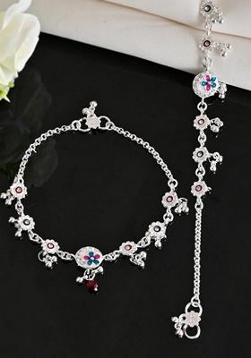 Silver Stone Studded Circular Shaped Traditional Anklet (Set Of 2)