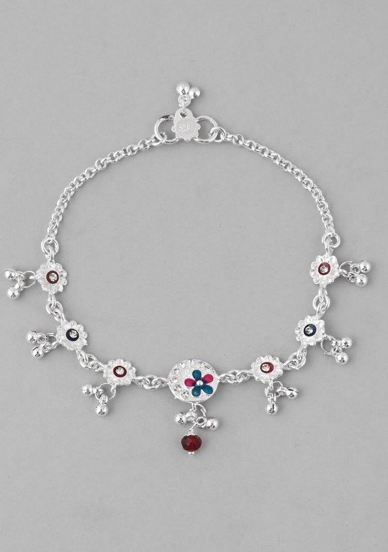 Silver Stone Studded Circular Shaped Traditional Anklet (Set Of 2)