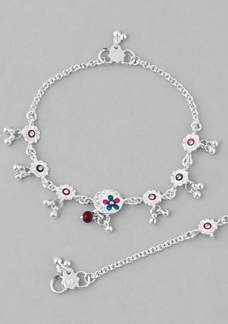 Silver Stone Studded Circular Shaped Traditional Anklet (Set Of 2)