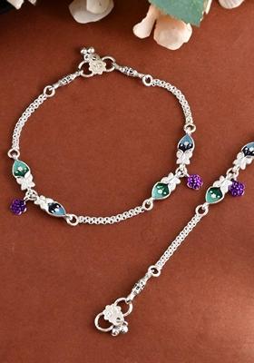 Silver Mutli Color Meenakari Anklet (Set Of 2)