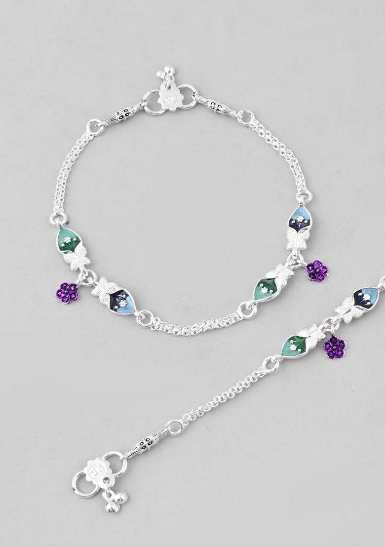 Silver Mutli Color Meenakari Anklet (Set Of 2)