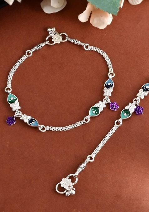 Silver Mutli Color Meenakari Anklet (Set Of 2)