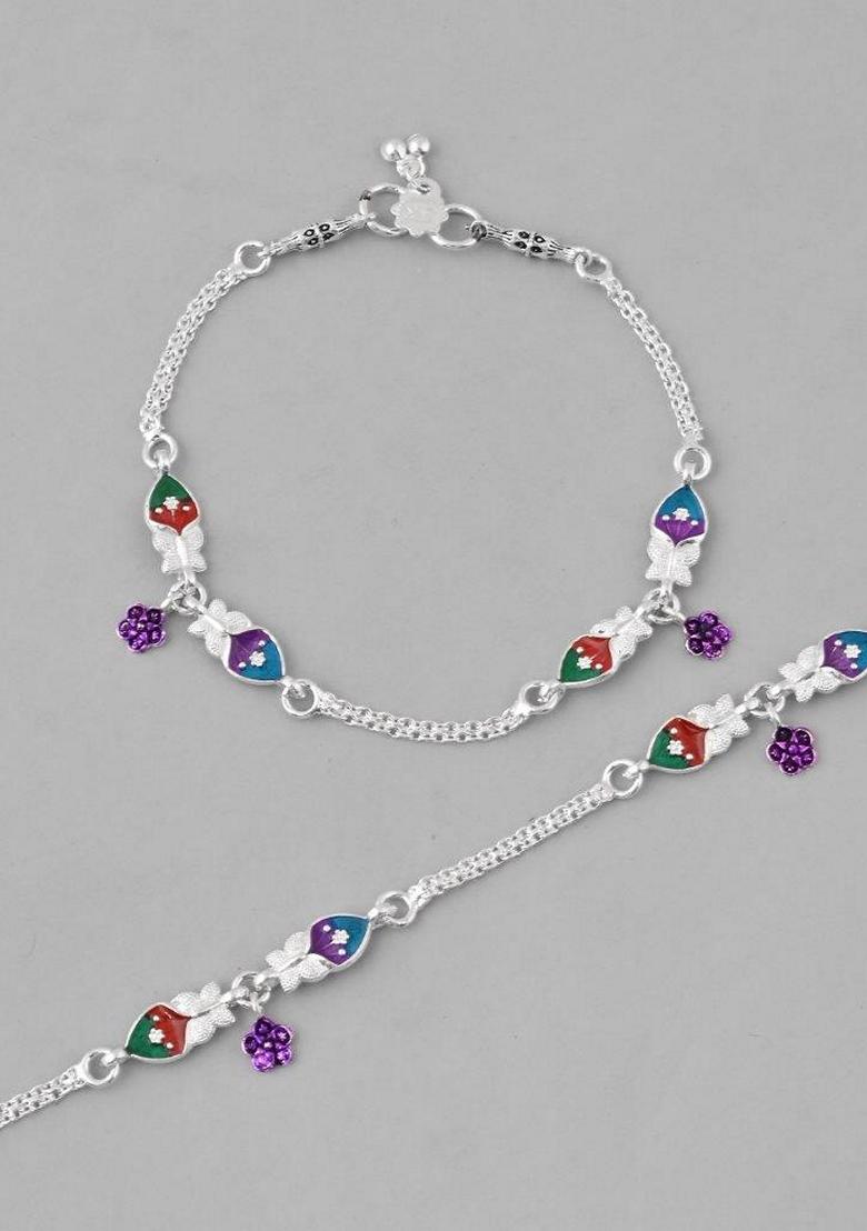 Silver Mutli Color Meenakari Anklet (Set Of 2)