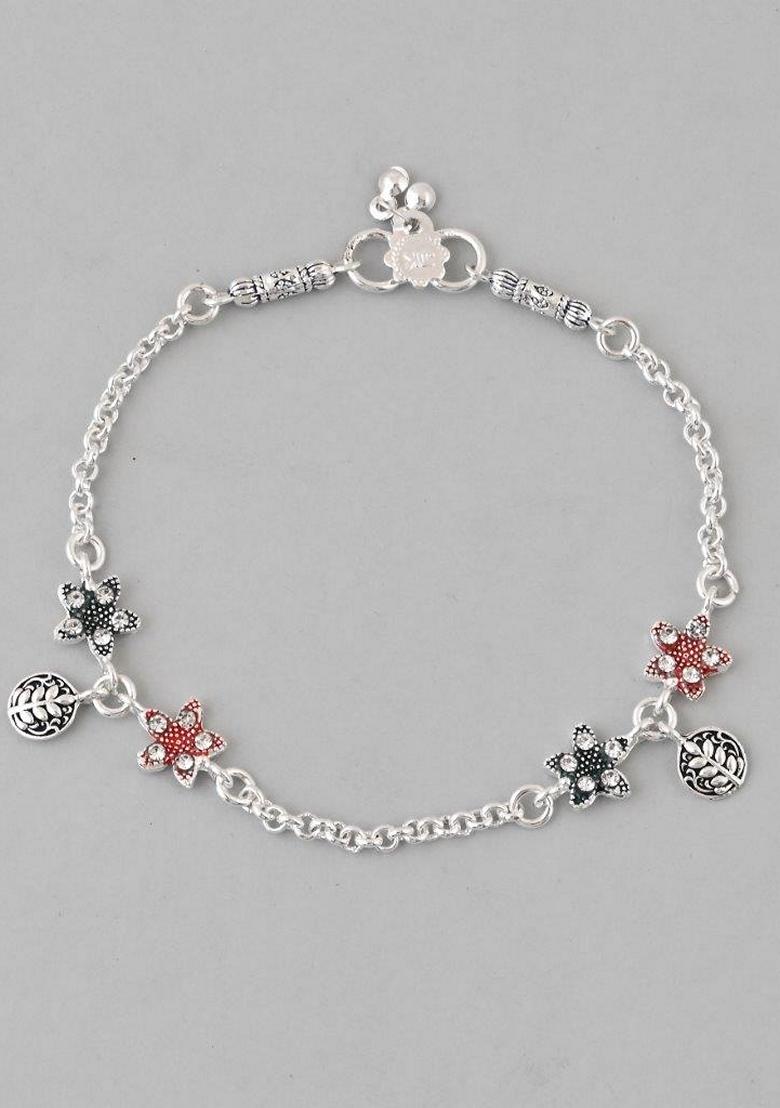 Silver Traditional Flower Shaped Designer Anklet (Set Of 2)