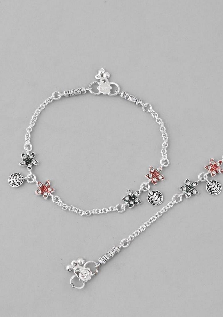 Silver Traditional Flower Shaped Designer Anklet (Set Of 2)