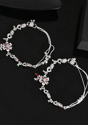Silver Traditional Peacock Shaped Designer Anklet (Set Of 2)