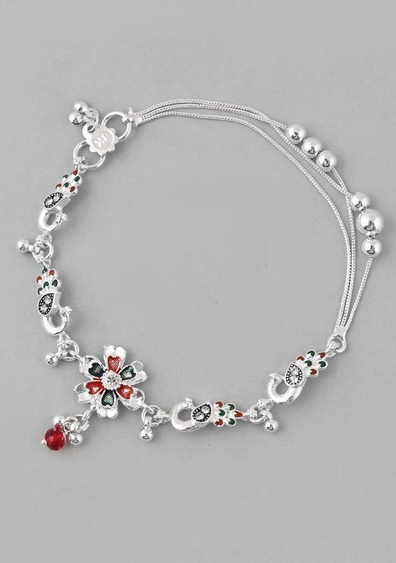 Silver Traditional Peacock Shaped Designer Anklet (Set Of 2)