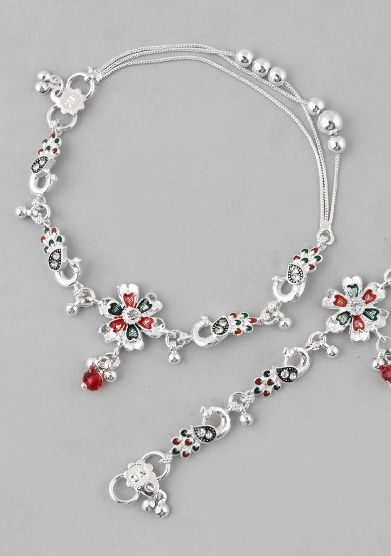 Silver Traditional Peacock Shaped Designer Anklet (Set Of 2)