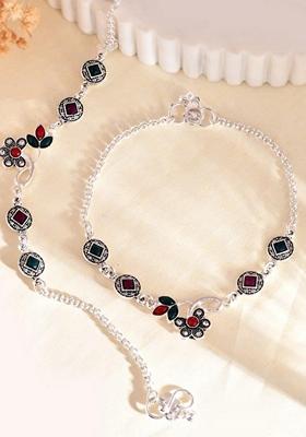 Silver Traditional Stone Studded Designer Anklet (Set Of 2)