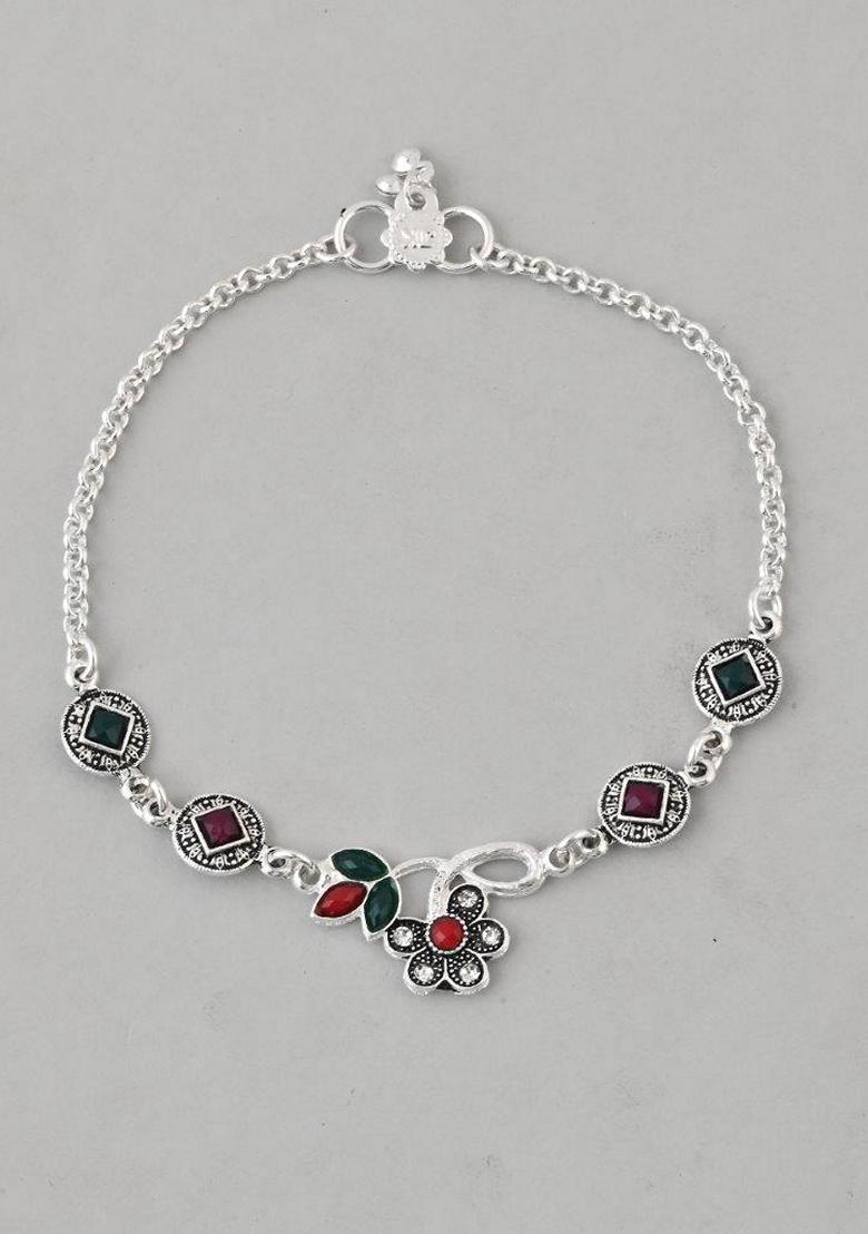 Silver Traditional Stone Studded Designer Anklet (Set Of 2)