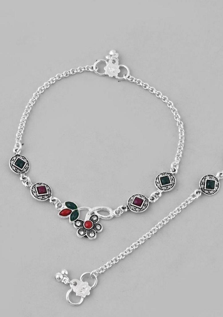 Silver Traditional Stone Studded Designer Anklet (Set Of 2)