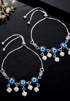 Silver Plated Evil Eye Handcrafted Anklets (Set Of 2)