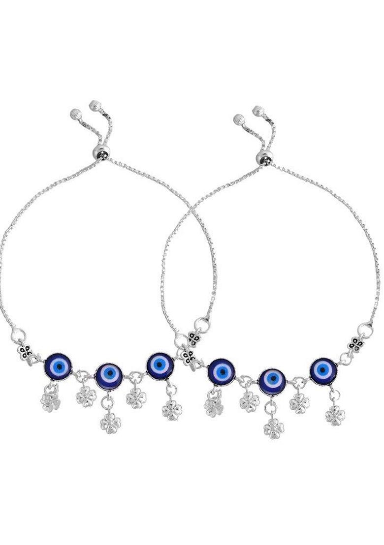 Silver Plated Evil Eye Handcrafted Anklets (Set Of 2)